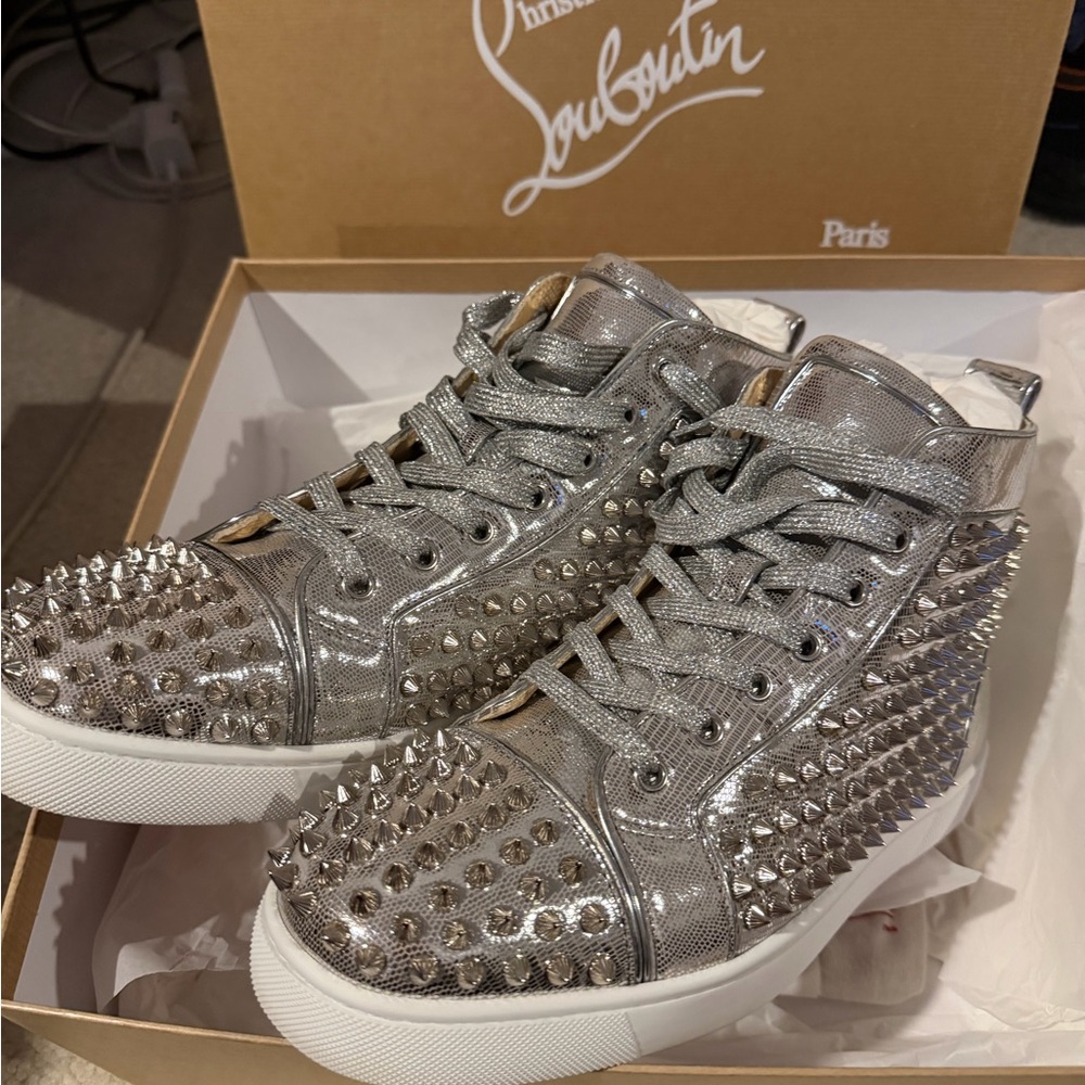 Christian Louboutin Metallic Silver Studded Sneakers